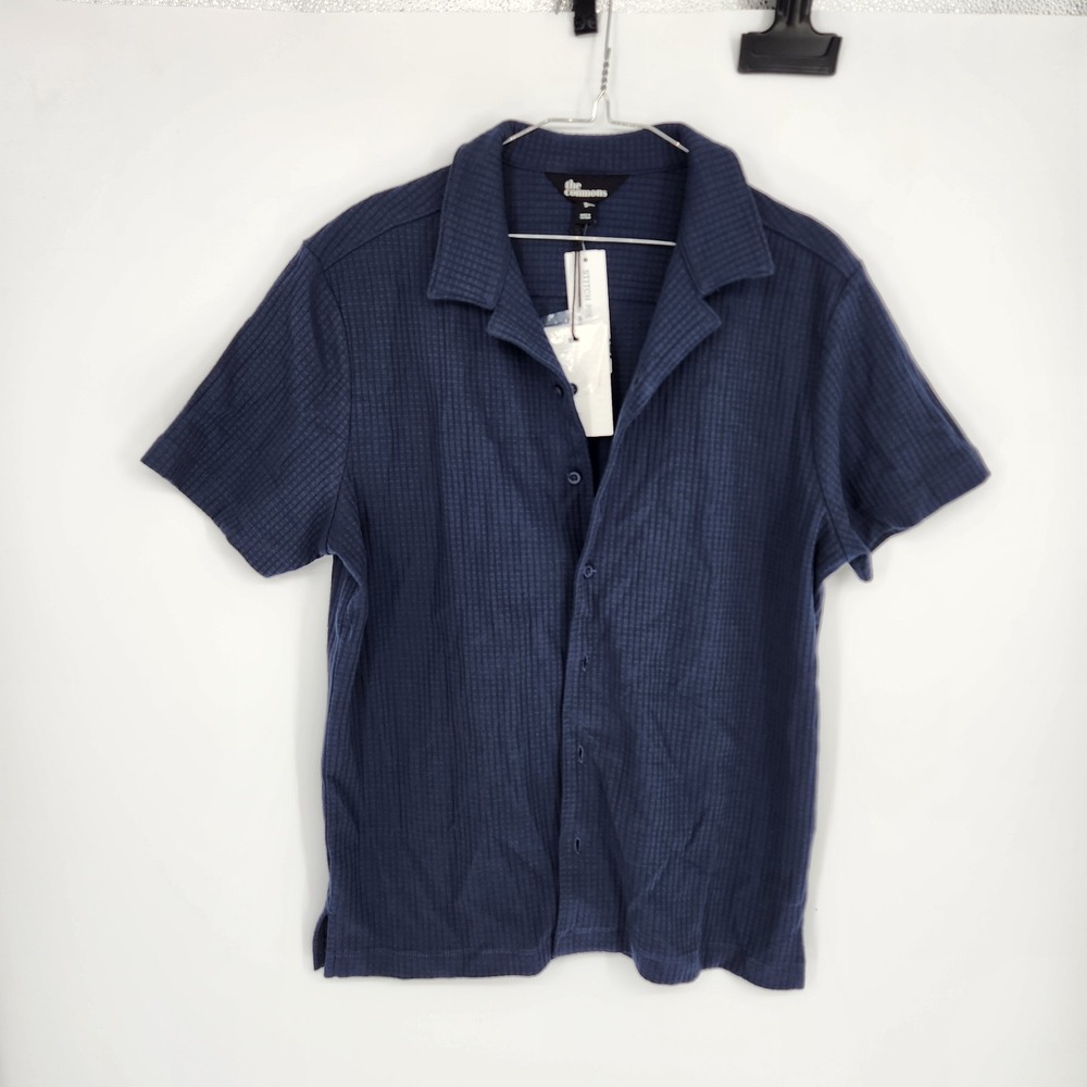 The Commons Men's Small Navy Blue Structured Cotton Check Camp Shirt NWOT